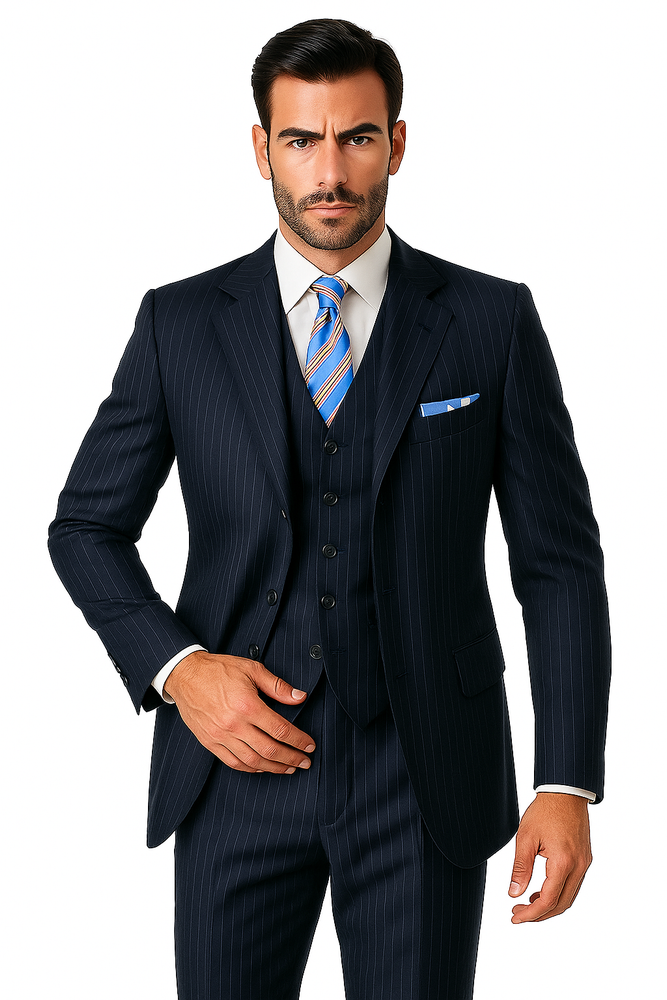 Alberto Nardoni Vested Pinstripe 100% Wool Suit Pleated Pants Three ~ 3 Buttons Vested (Wholesale Price $95 (12pc&UPMinimum)) $175