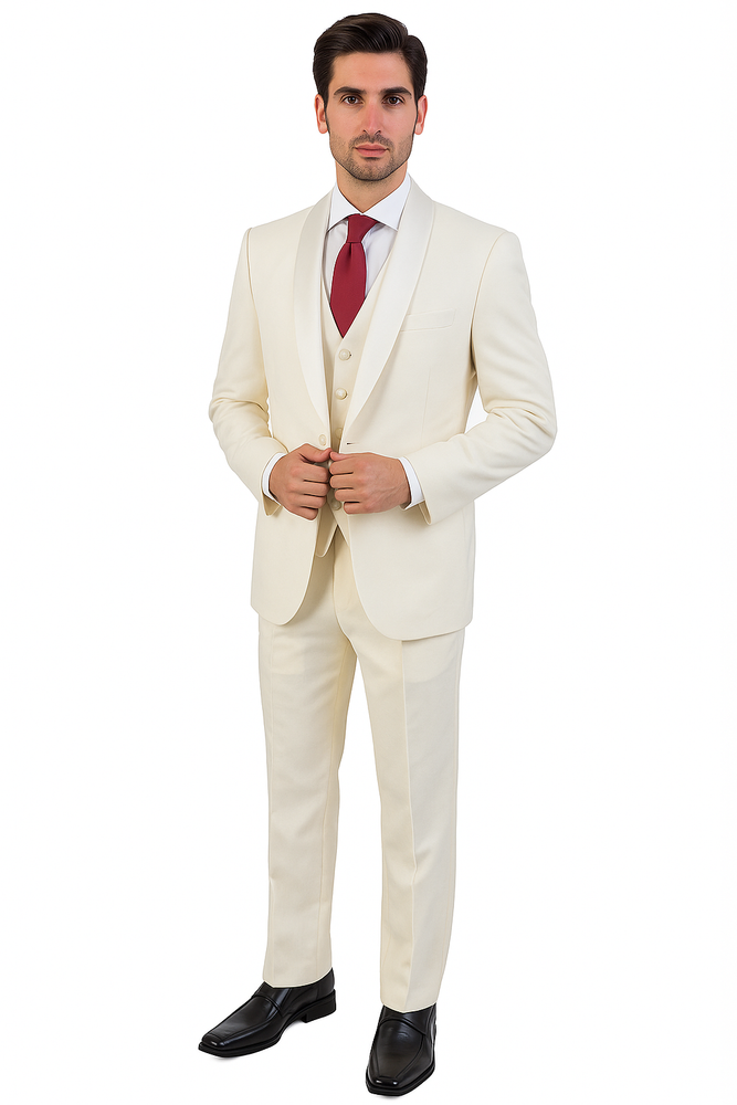Ivory ~ Cream ~ Off White 3 Piece Shawl Lapel Tuxedo Suit Vested Men's Suit 100% wool Super 150's