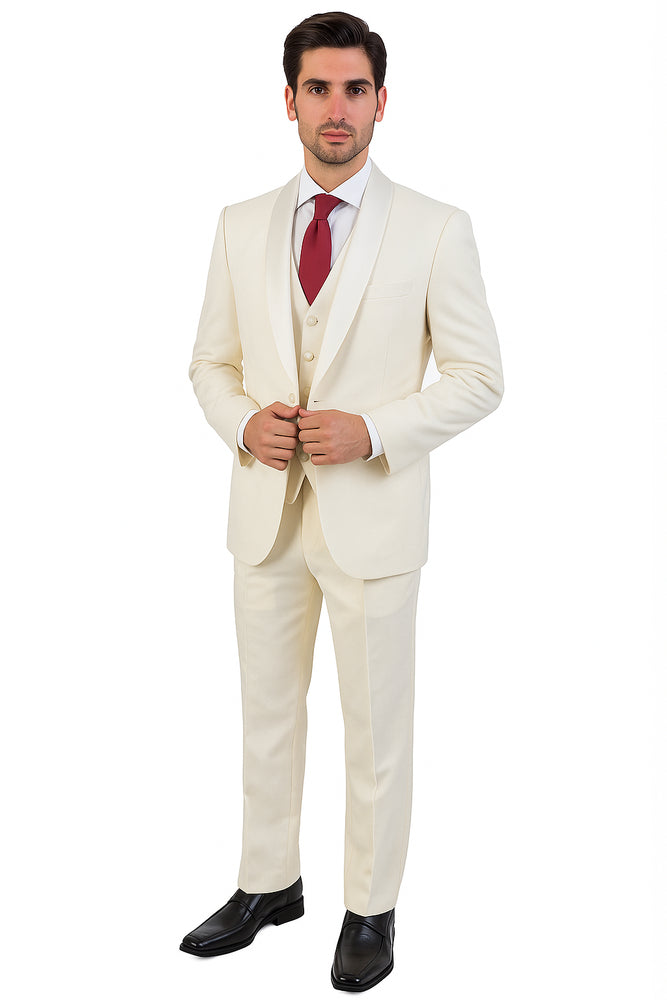 Ivory ~ Cream ~ Off White 3 Piece Shawl Lapel Tuxedo Suit Vested Men's Suit 100% wool Super 150's