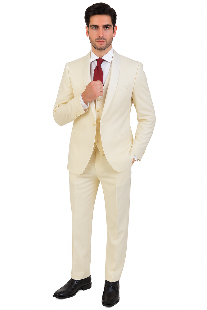 Ivory ~ Cream ~ Off White 3 Piece Shawl Lapel Tuxedo Suit Vested Men's Suit 100% wool Super 150's