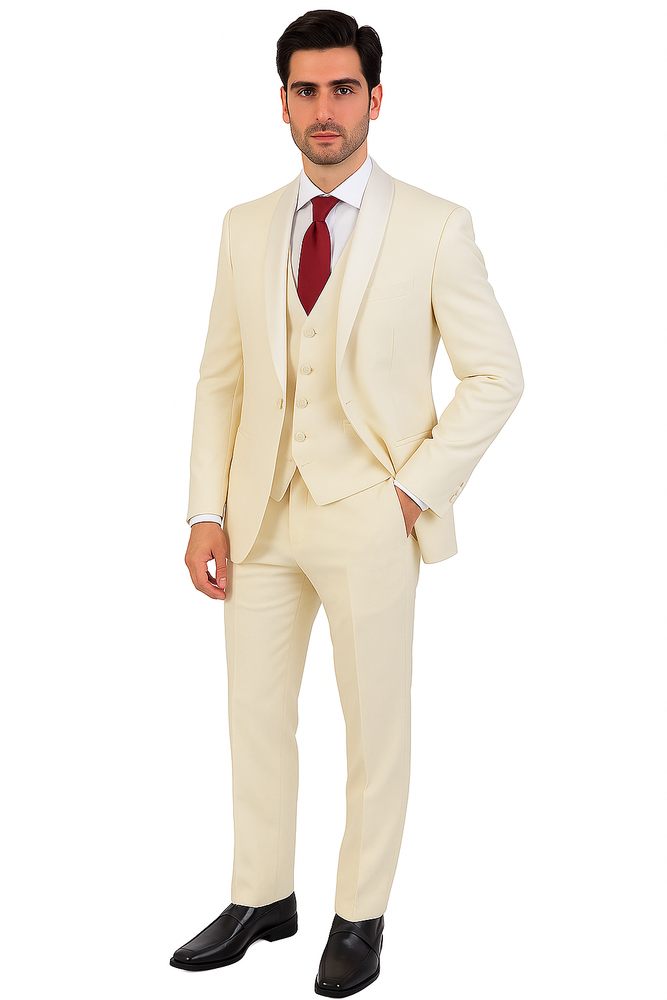 Ivory ~ Cream ~ Off White 3 Piece Shawl Lapel Tuxedo Suit Vested Men's Suit 100% wool Super 150's