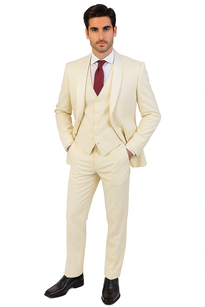 Ivory ~ Cream ~ Off White 3 Piece Shawl Lapel Tuxedo Suit Vested Men's Suit 100% wool Super 150's