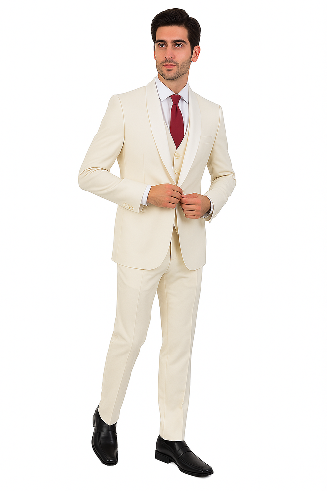 Ivory ~ Cream ~ Off White 3 Piece Shawl Lapel Tuxedo Suit Vested Men's Suit 100% wool Super 150's