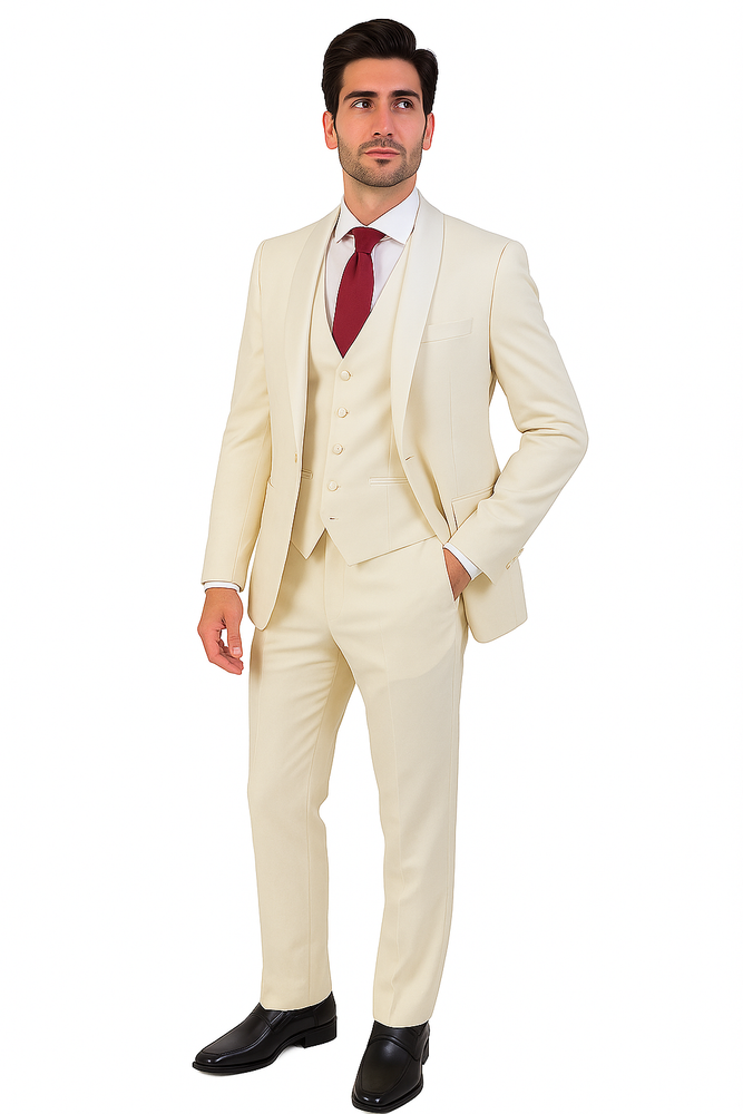 Ivory ~ Cream ~ Off White 3 Piece Shawl Lapel Tuxedo Suit Vested Men's Suit 100% wool Super 150's