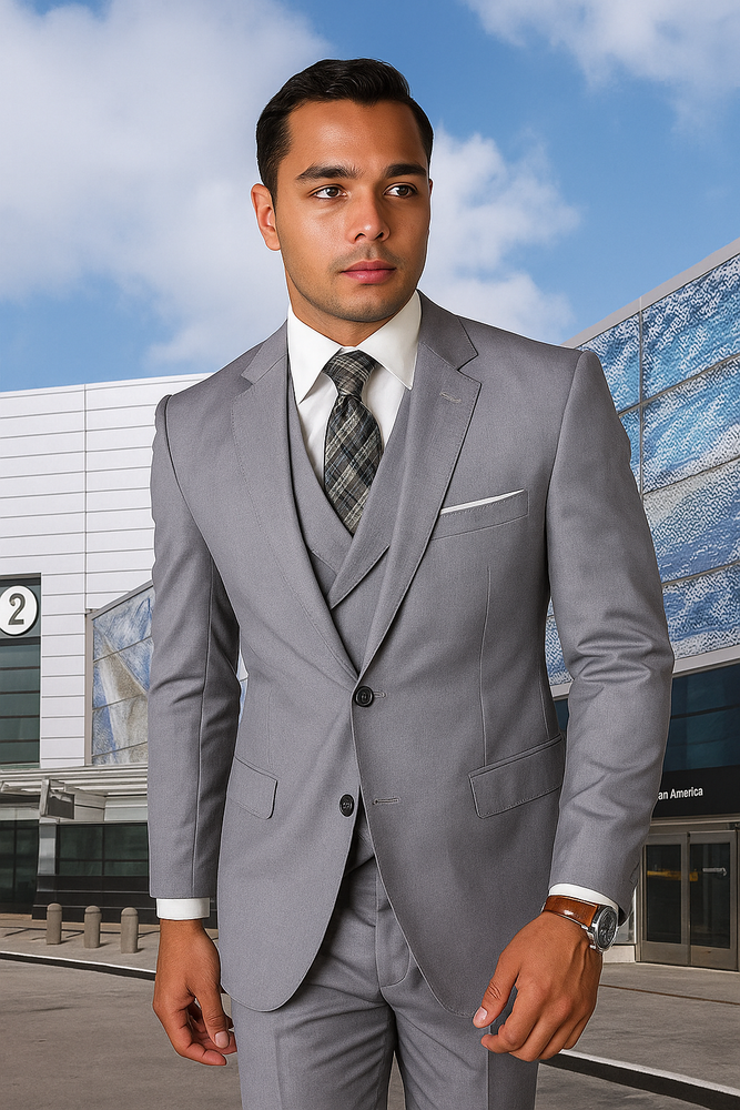 Mens 2 Button Slim Fit Wool Suit With Double Breasted Vest in Grey