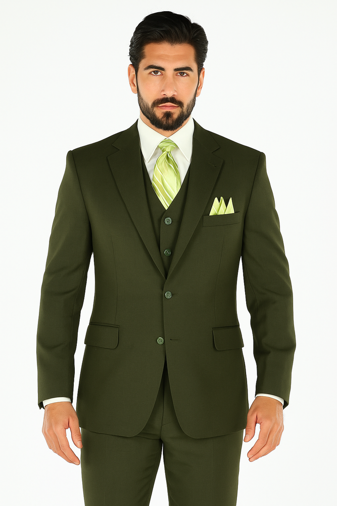 Mens 2 Button Vested Basic Wool Feel Suit in Olive