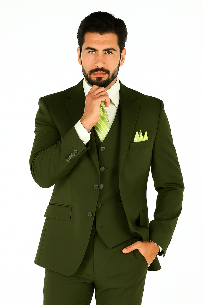 Mens 2 Button Vested Basic Wool Feel Suit in Olive