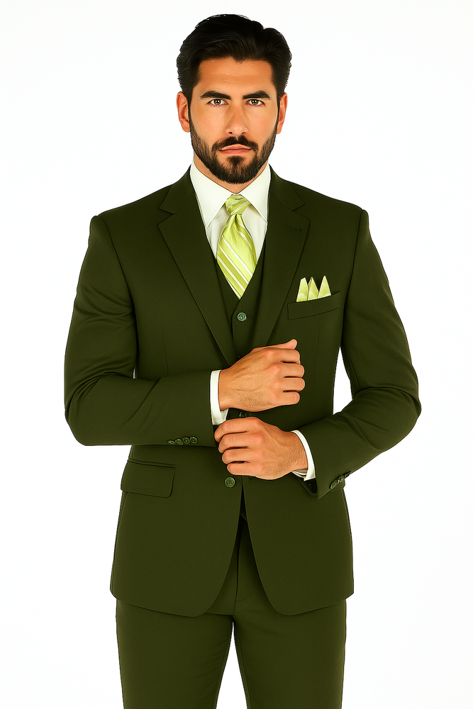 Mens 2 Button Vested Basic Wool Feel Suit in Olive