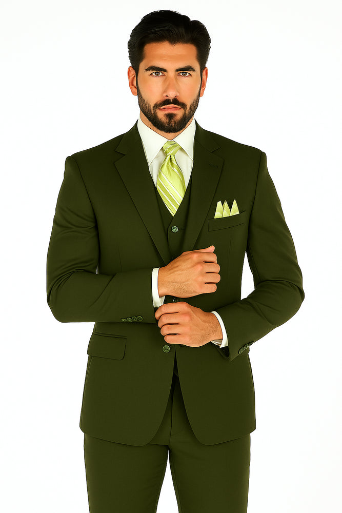 Mens 2 Button Vested Basic Wool Feel Suit in Olive