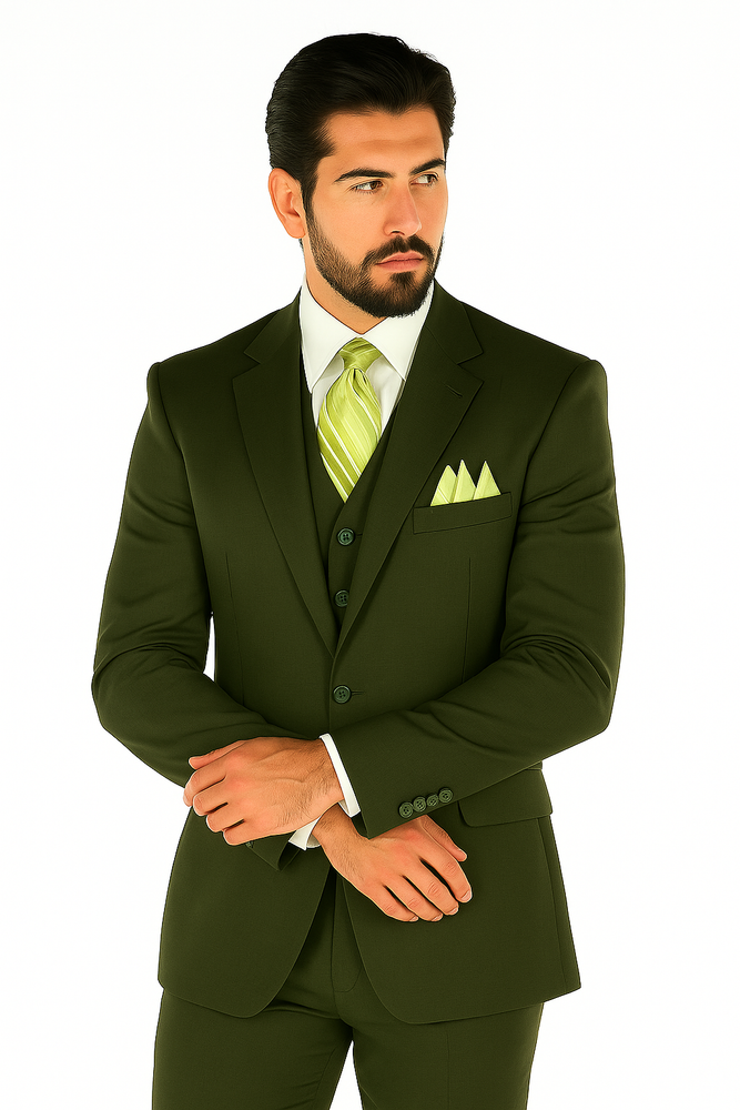 Mens 2 Button Vested Basic Wool Feel Suit in Olive
