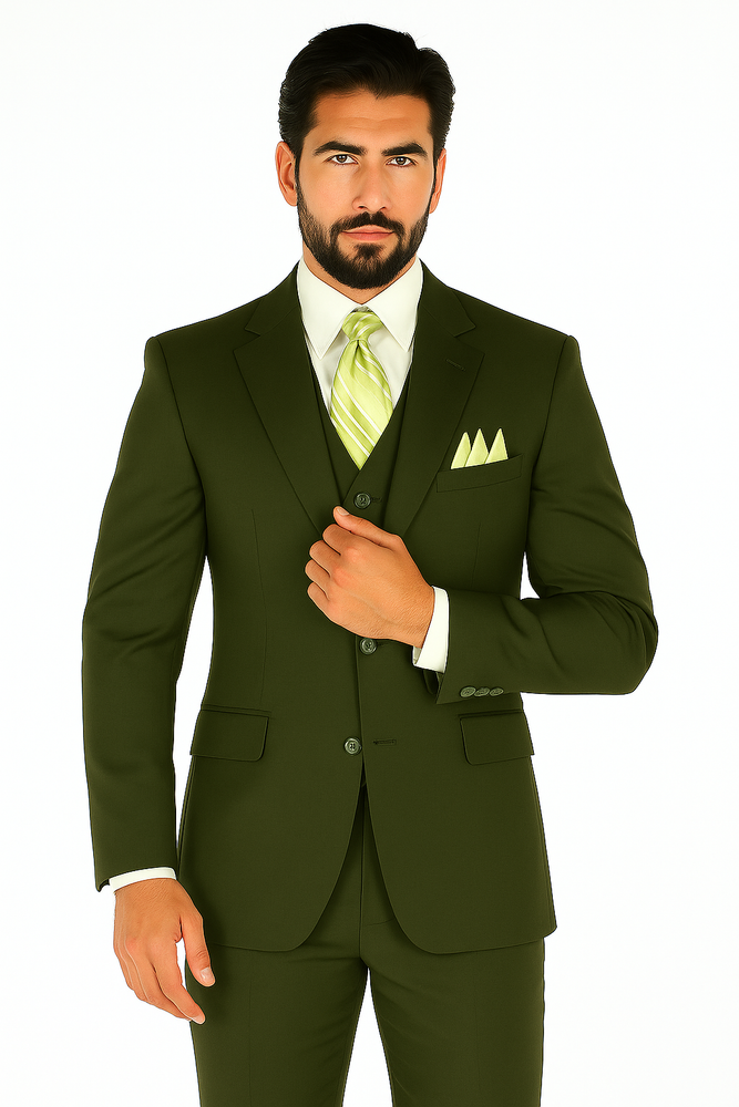 Mens 2 Button Vested Basic Wool Feel Suit in Olive