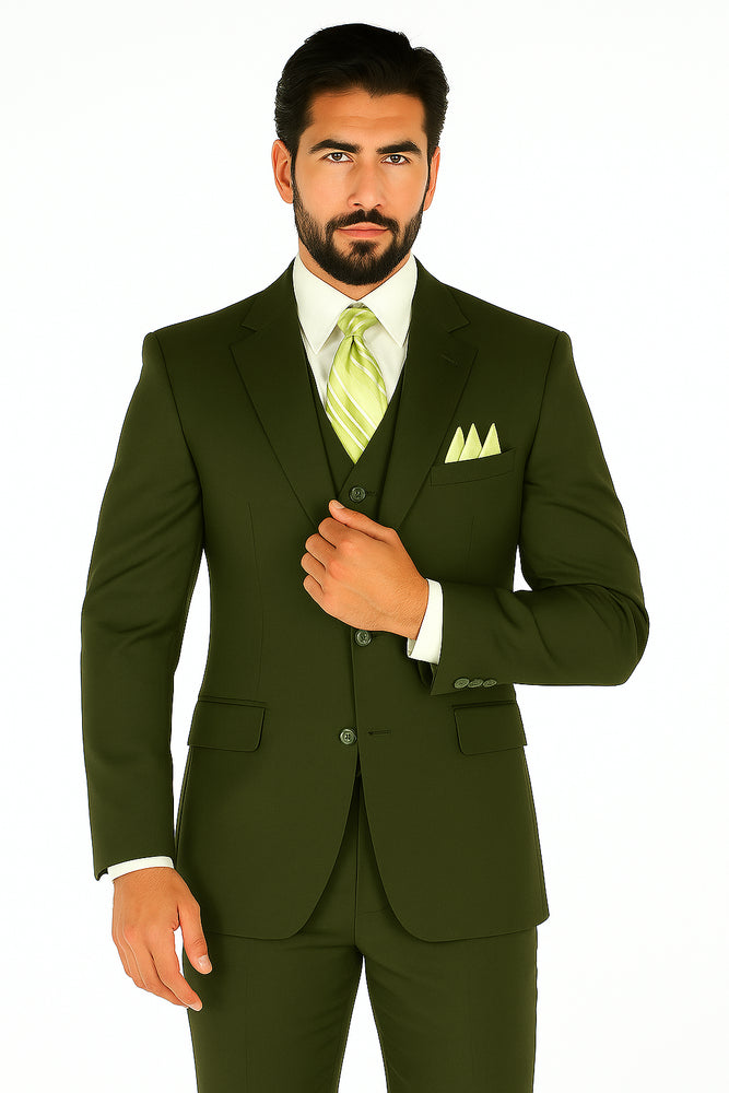 Mens 2 Button Vested Basic Wool Feel Suit in Olive