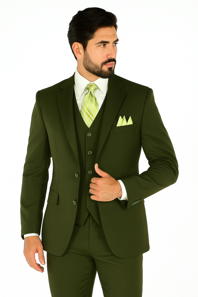 Mens 2 Button Vested Basic Wool Feel Suit in Olive
