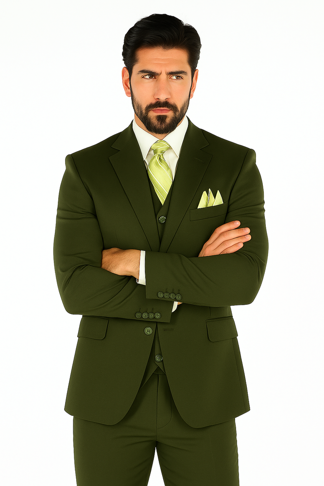 Mens 2 Button Vested Basic Wool Feel Suit in Olive