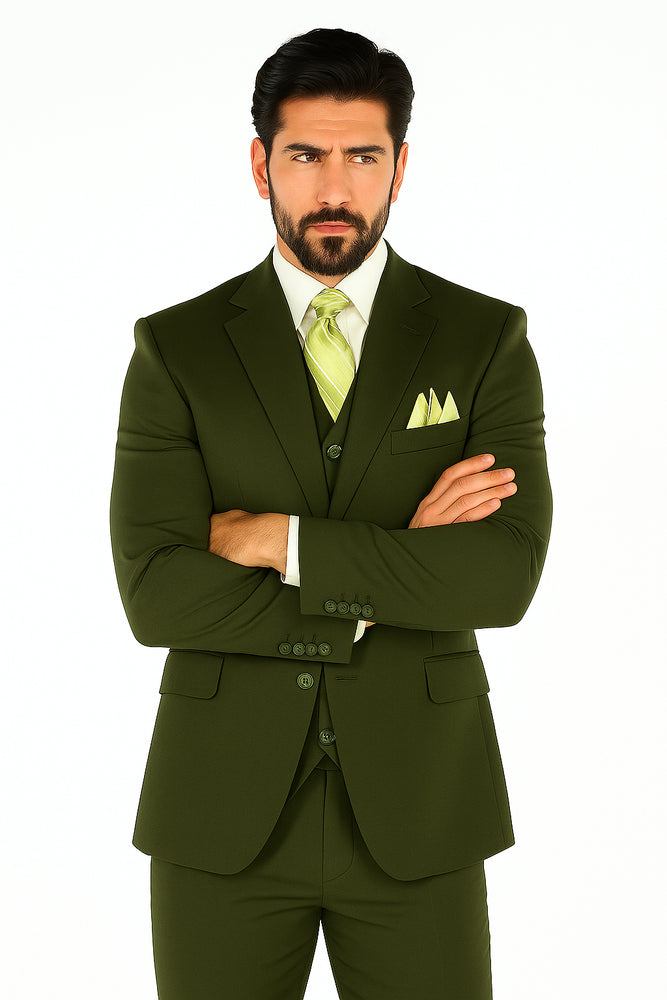 Mens 2 Button Vested Basic Wool Feel Suit in Olive