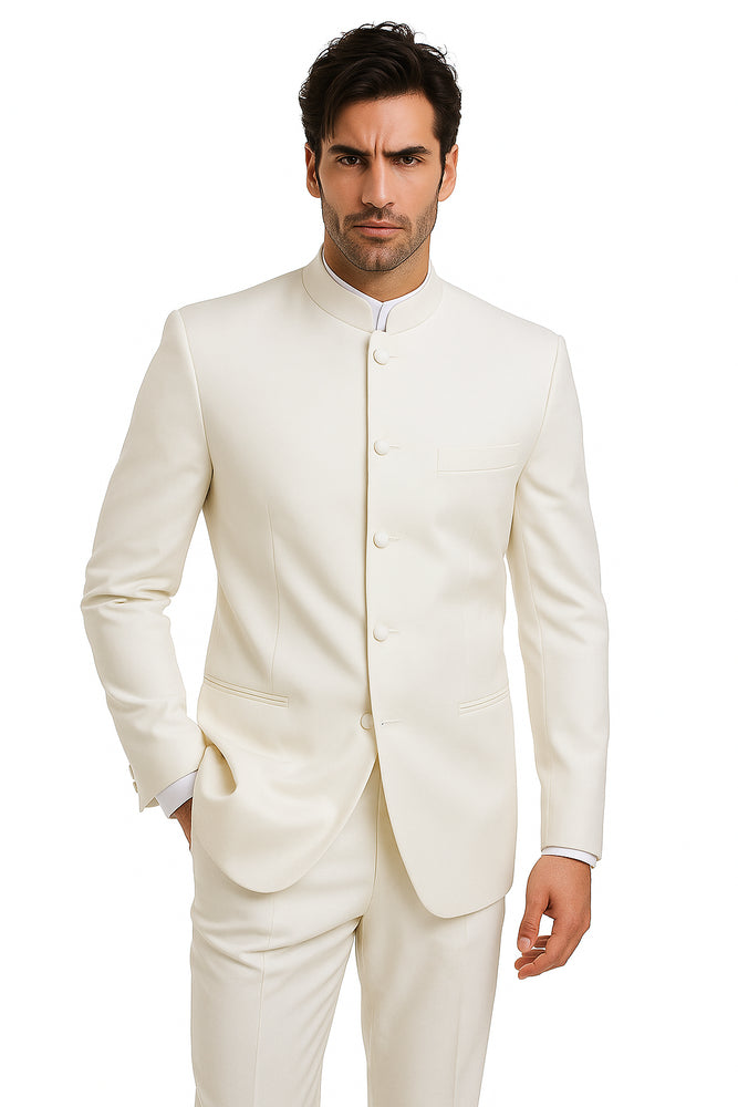 Men's Ivory Mandarin Banded Collar Design Suits