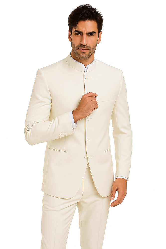 Men's Ivory Mandarin Banded Collar Design Suits