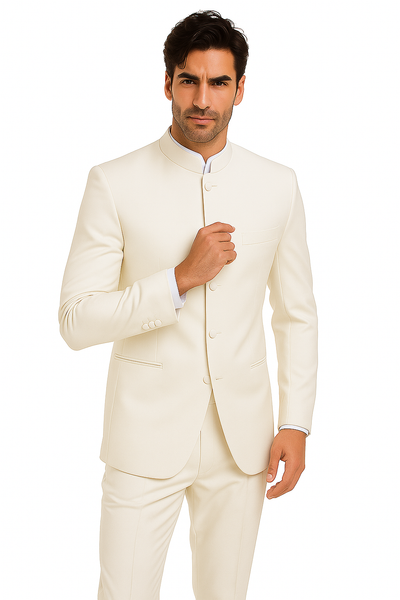 Mandarin Collar Tuxedo - Mandarin Tuxedo - No Collar Suit - Ivory Suit