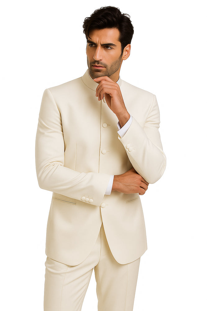 Men's Ivory Mandarin Banded Collar Design Suits