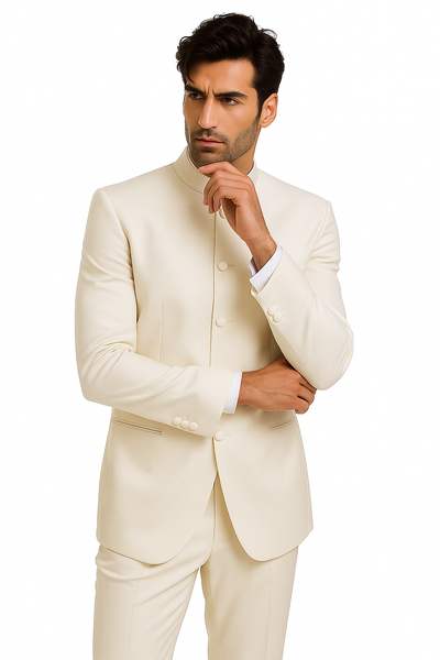 Mandarin Collar Tuxedo - Mandarin Tuxedo - No Collar Suit - Ivory Suit