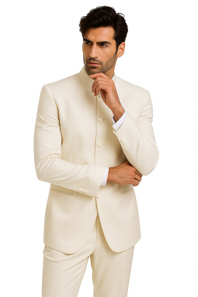 Mandarin Collar Tuxedo - Mandarin Tuxedo - No Collar Suit - Ivory Suit