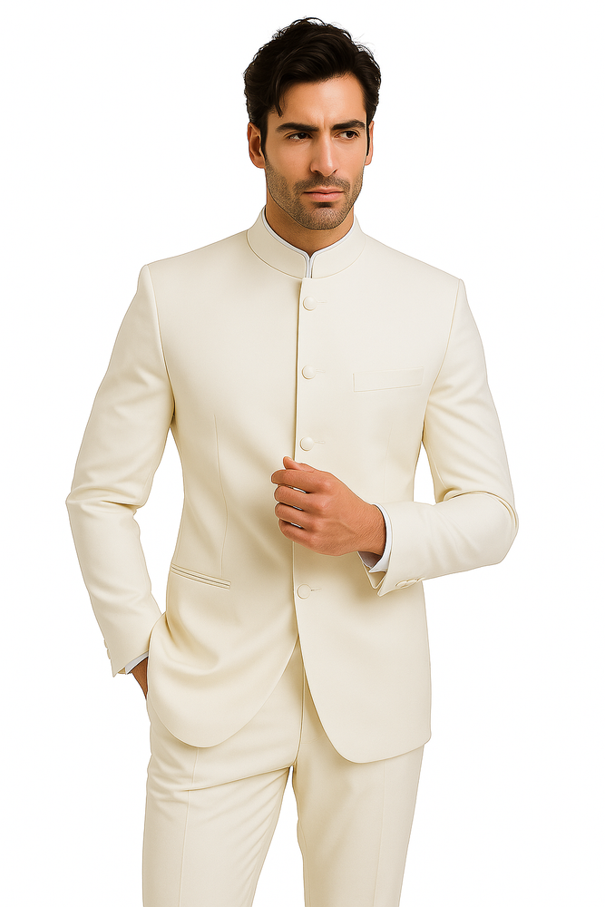 Mandarin Collar Tuxedo - Mandarin Tuxedo - No Collar Suit - Ivory Suit