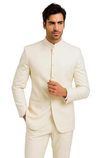 Men's Ivory Mandarin Banded Collar Design Suits