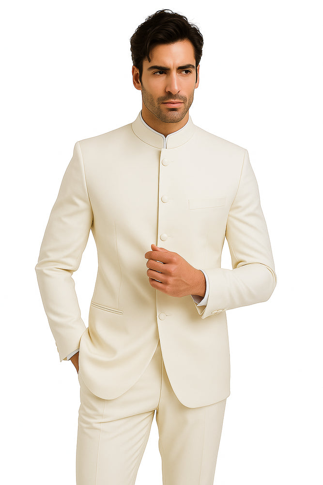 Men's Ivory Mandarin Banded Collar Design Suits