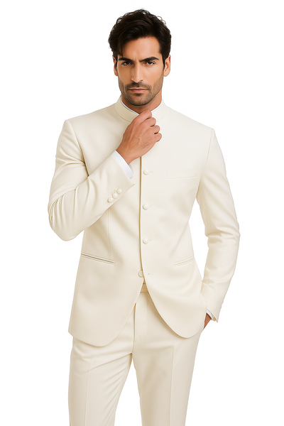 Men's Ivory Mandarin Banded Collar Design Suits