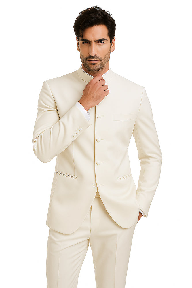 Men's Ivory Mandarin Banded Collar Design Suits