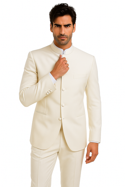 Men's Ivory Mandarin Banded Collar Design Suits
