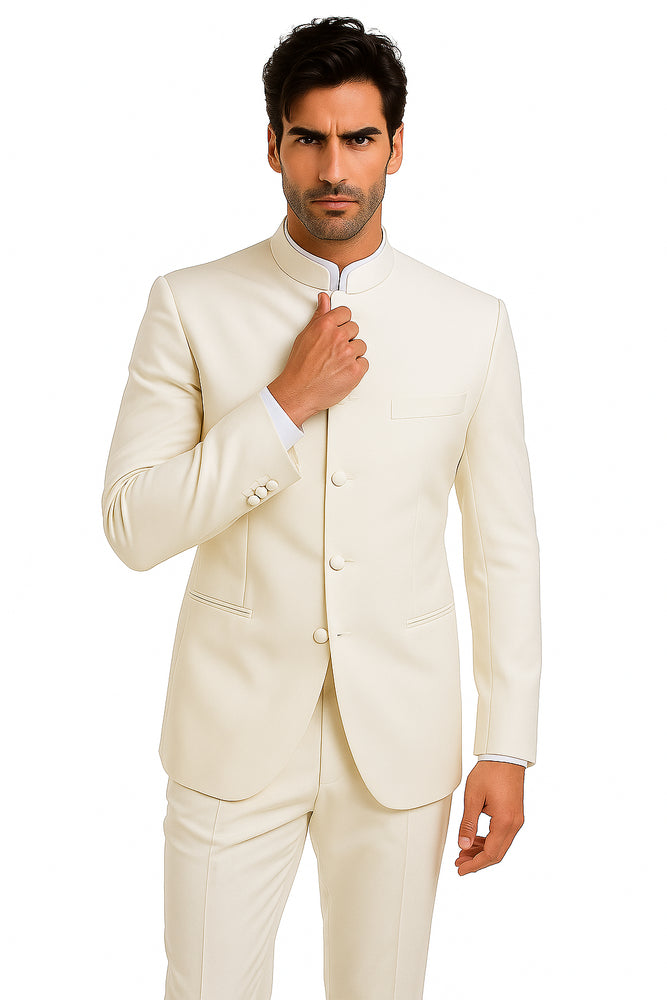 Men's Ivory Mandarin Banded Collar Design Suits