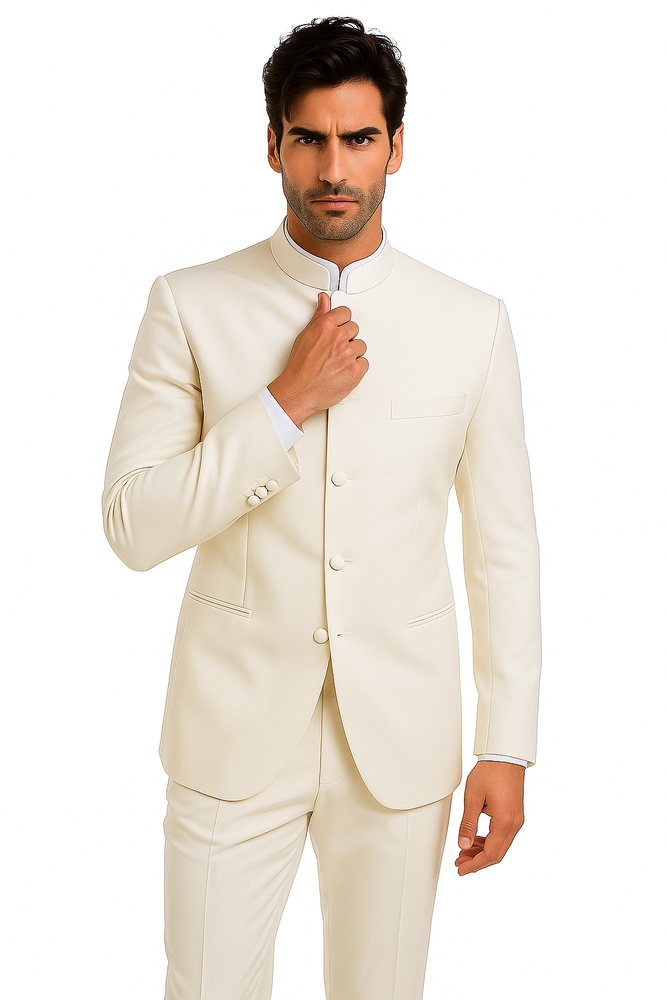 Mandarin Collar Tuxedo - Mandarin Tuxedo - No Collar Suit - Ivory Suit