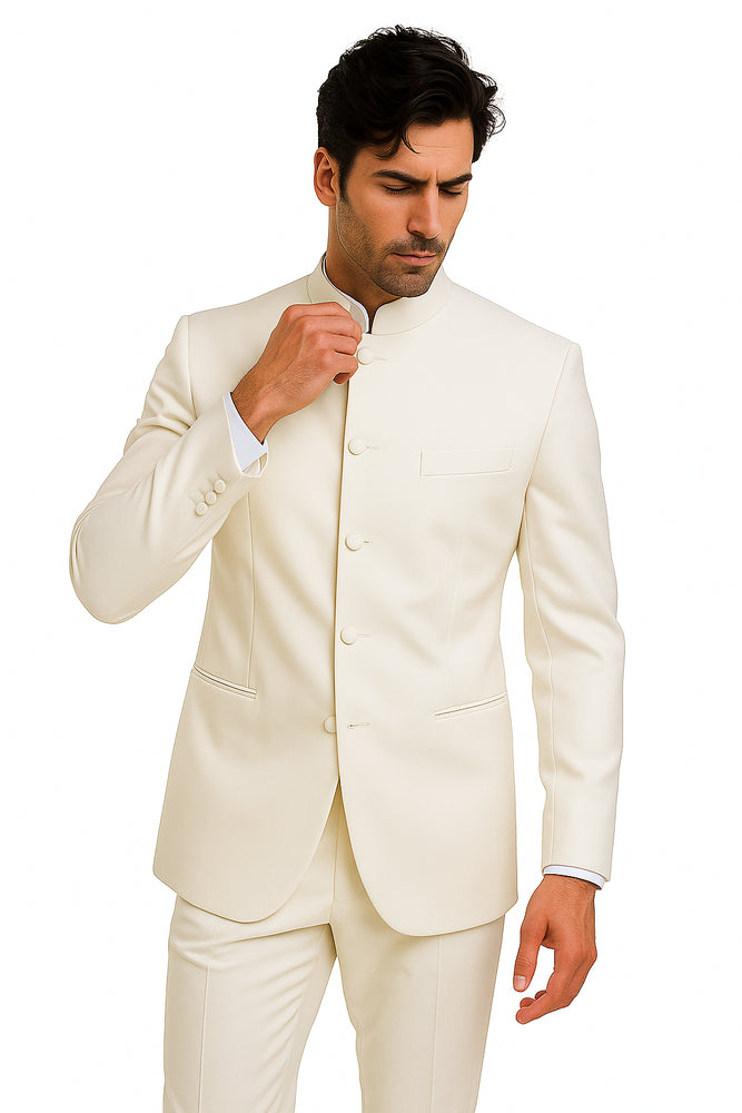 Men's Ivory Mandarin Banded Collar Design Suits