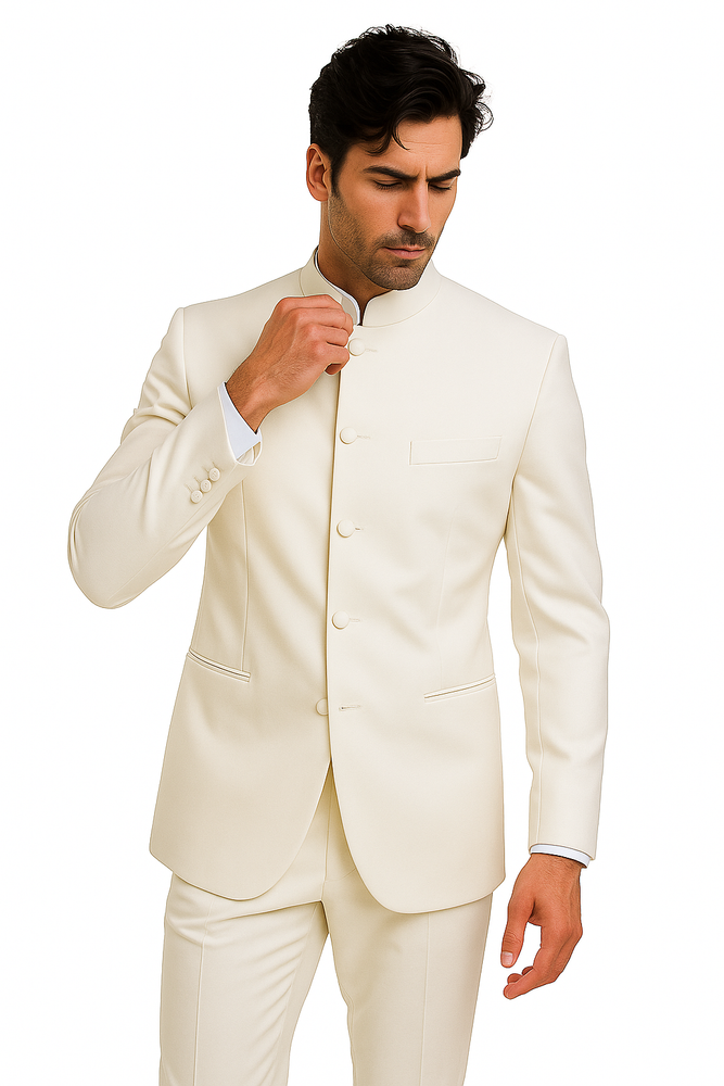 Mandarin Collar Tuxedo - Mandarin Tuxedo - No Collar Suit - Ivory Suit