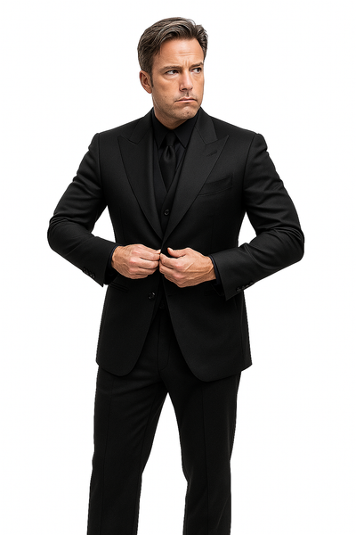 Batman V Superman Bruce Wayne Men's Black Peak Lapel Vested Wool Blend Suit