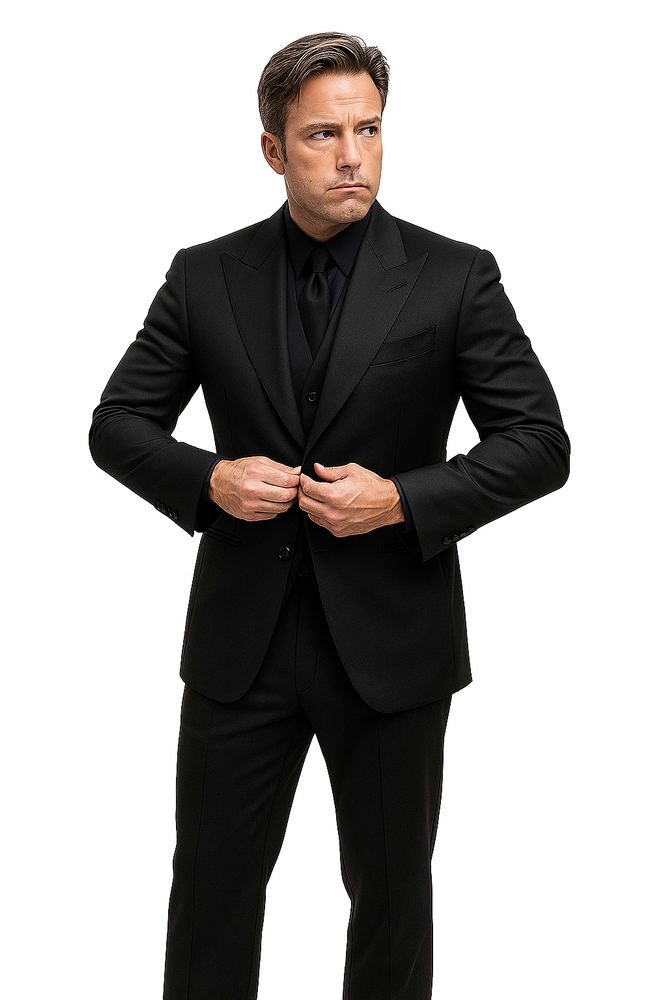 Batman V Superman Bruce Wayne Men's Black Peak Lapel Vested Wool Blend Suit