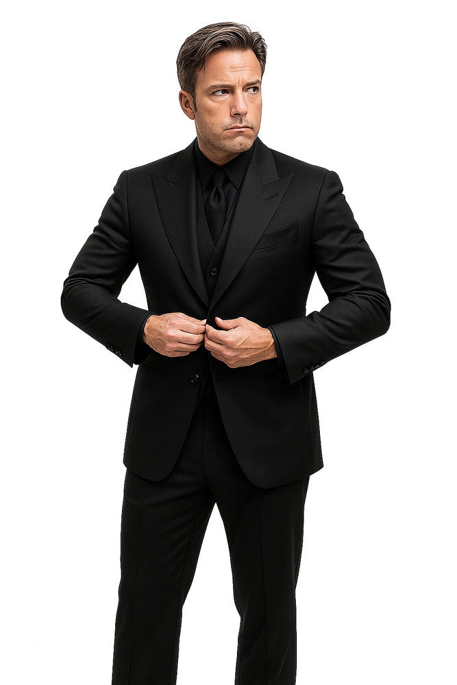 Batman V Superman Bruce Wayne Men's Black Peak Lapel Vested Wool Blend Suit