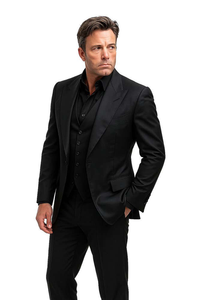 Batman V Superman Bruce Wayne Men's Black Peak Lapel Vested Wool Blend Suit