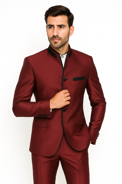 Mandarin Collar Tuxedo - Mandarin Tuxedo - No Collar Suit - Wine Suit