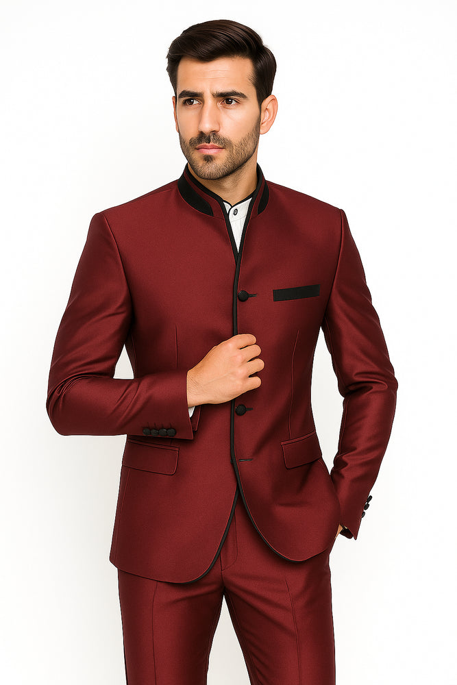 Mandarin Collar Tuxedo - Mandarin Tuxedo - No Collar Suit - Wine Suit