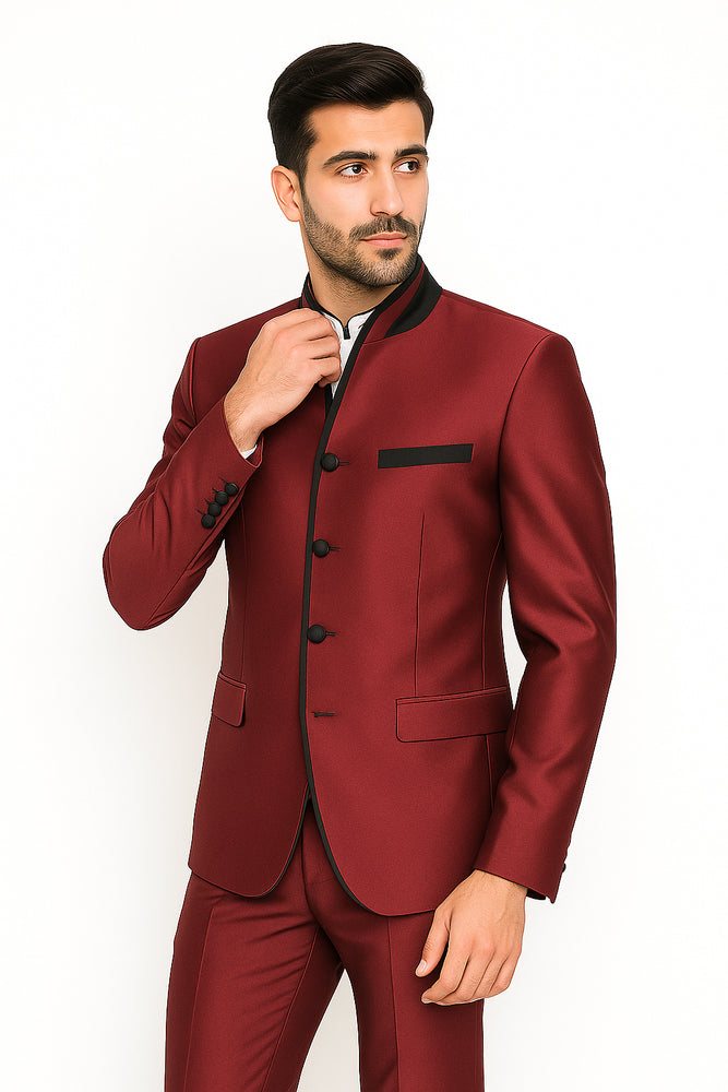 Mandarin Collar Tuxedo - Mandarin Tuxedo - No Collar Suit - Wine Suit