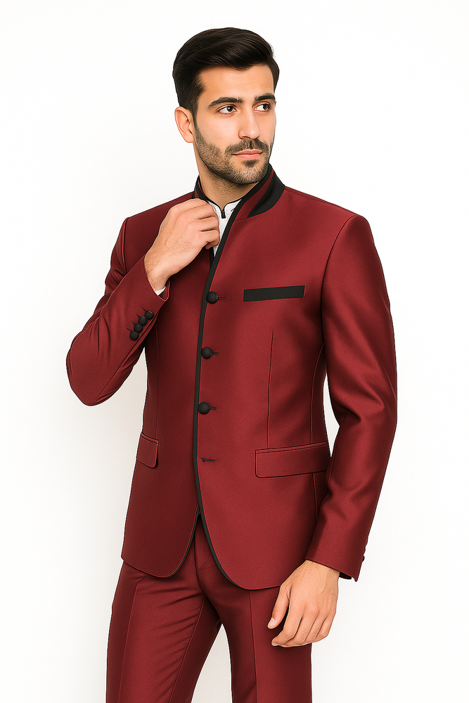 Wedding Groom Suit - Prom 2025 Tuxedo Suit - No Collar Weddig Tuxedo - Wine