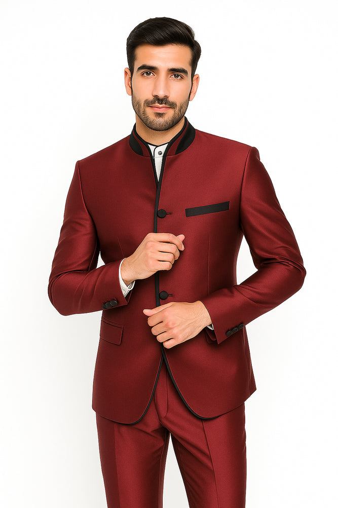 Mandarin Collar Tuxedo - Mandarin Tuxedo - No Collar Suit - Wine Suit