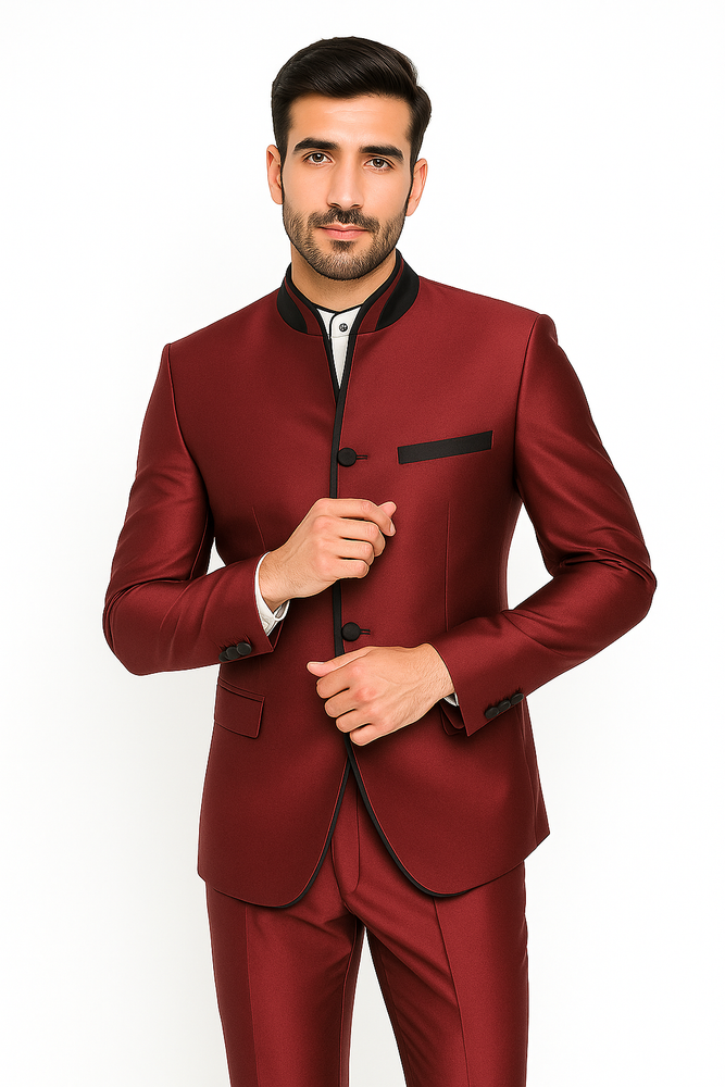 Wedding Groom Suit - Prom 2025 Tuxedo Suit - No Collar Weddig Tuxedo - Wine