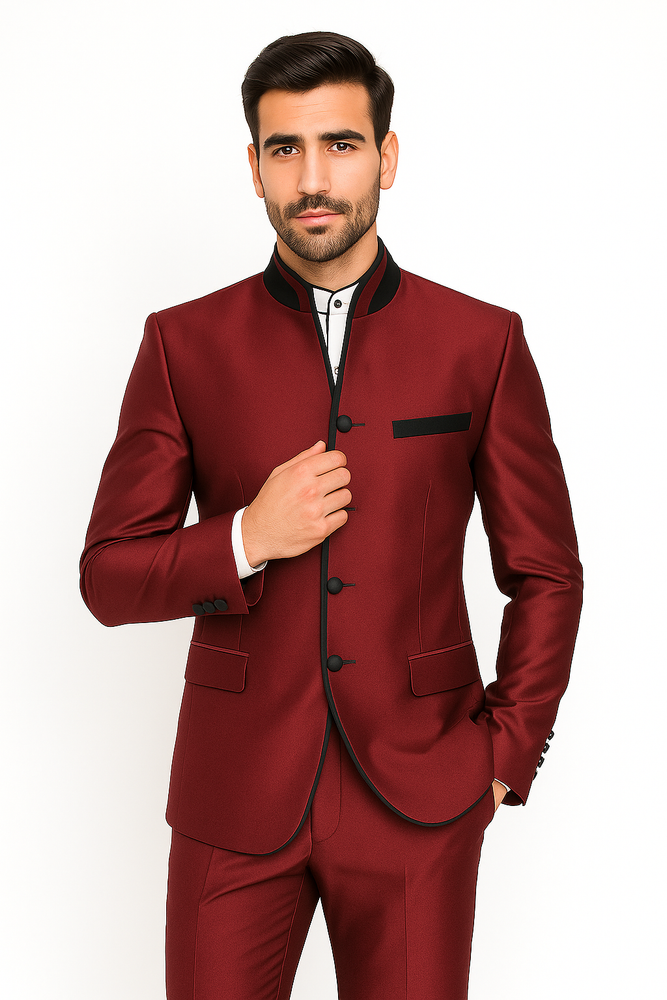 Mandarin Collar Tuxedo - Mandarin Tuxedo - No Collar Suit - Wine Suit