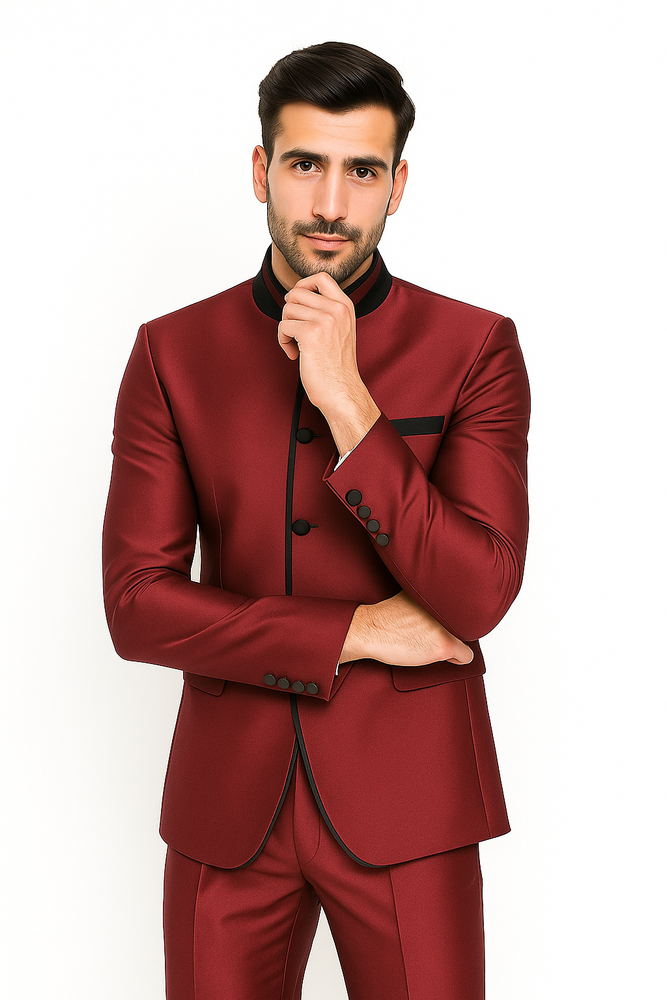 Wedding Groom Suit - Prom 2025 Tuxedo Suit - No Collar Weddig Tuxedo - Wine