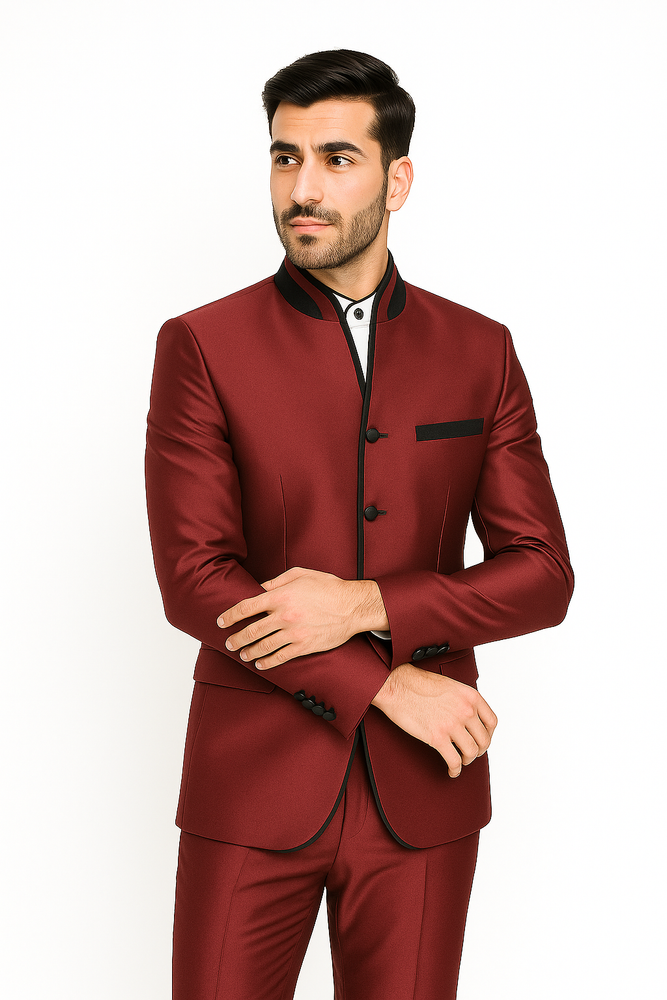Mandarin Collar Tuxedo - Mandarin Tuxedo - No Collar Suit - Wine Suit