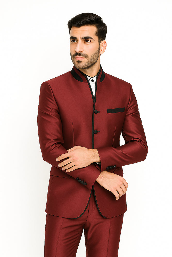 Mandarin Collar Tuxedo - Mandarin Tuxedo - No Collar Suit - Wine Suit