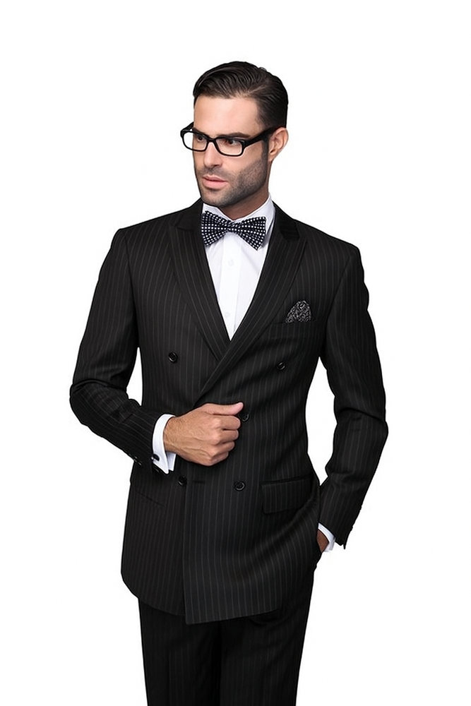 Statement Confidence Black Double Breasted Pinstripe Men's Wool Italian Design Suit